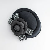 Black camellia flower small pillbox fascinator hat - House of Hats