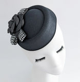Black camellia flower small pillbox fascinator hat - House of Hats