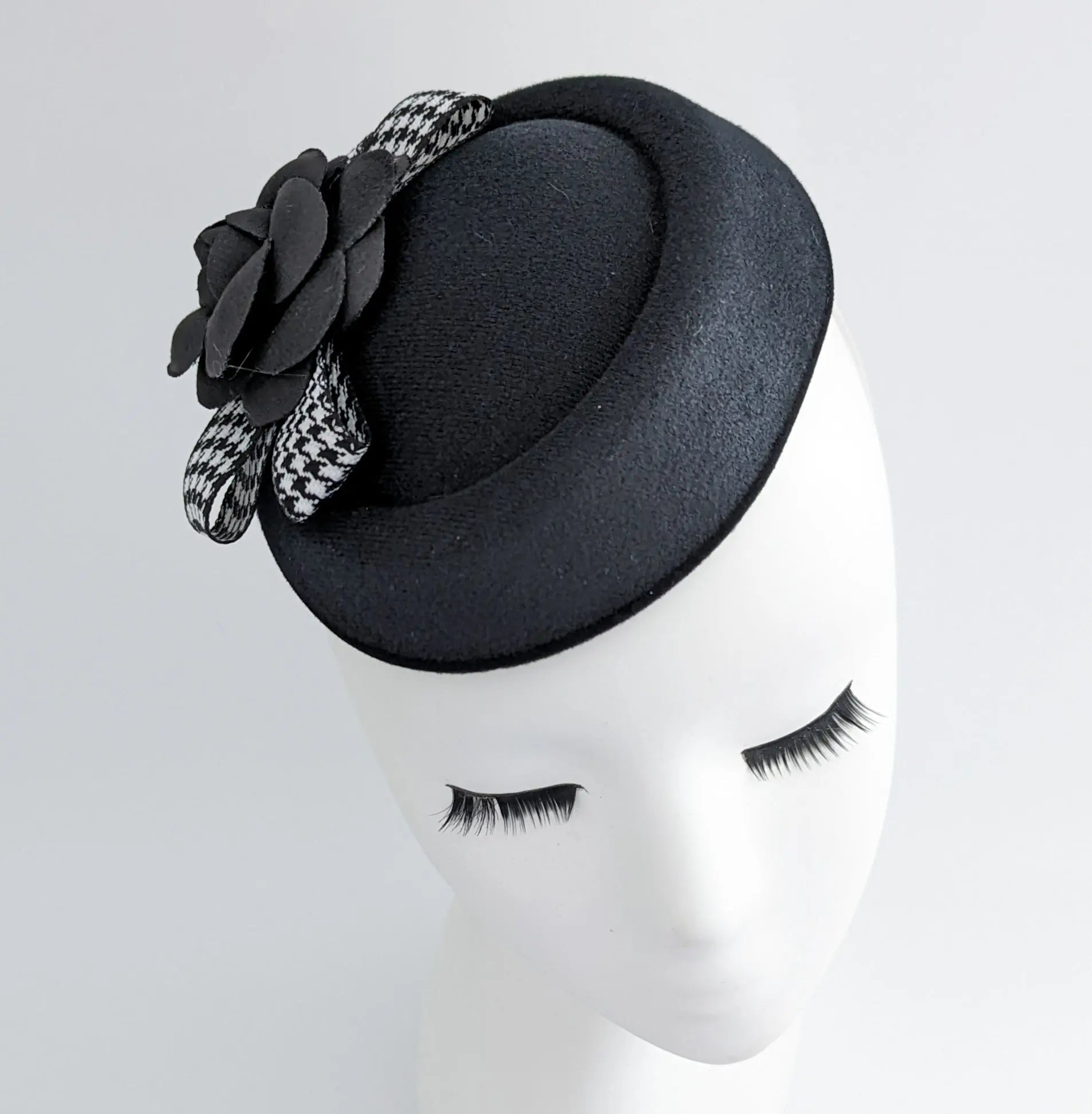 Black camellia flower small pillbox fascinator hat - House of Hats