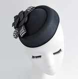 Black camellia flower small pillbox fascinator hat - House of Hats