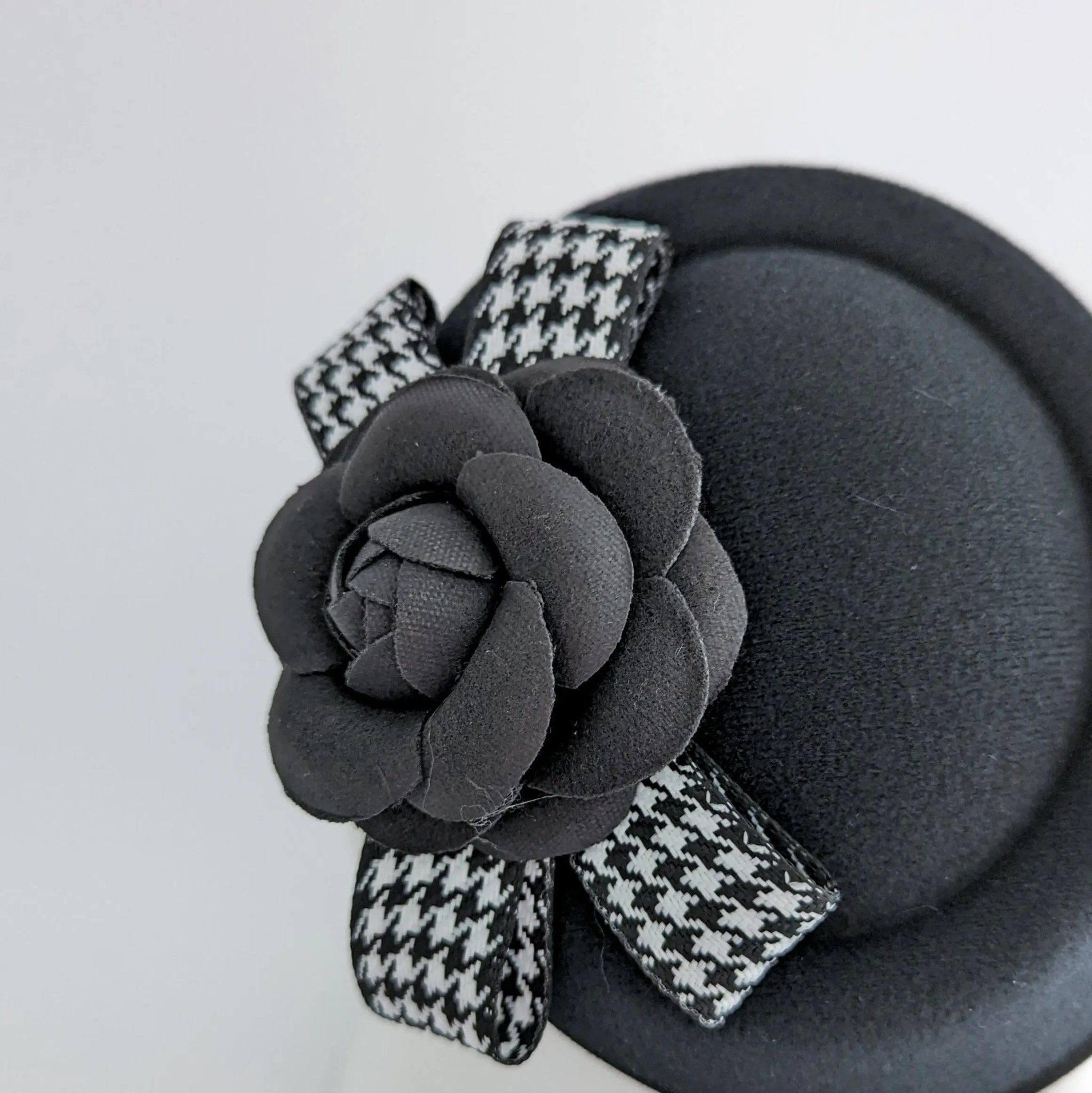 Black camellia flower small pillbox fascinator hat - House of Hats