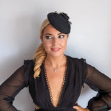 Black camellia flower small pillbox fascinator hat - House of Hats