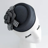 Black camellia flower small pillbox fascinator hat - House of Hats