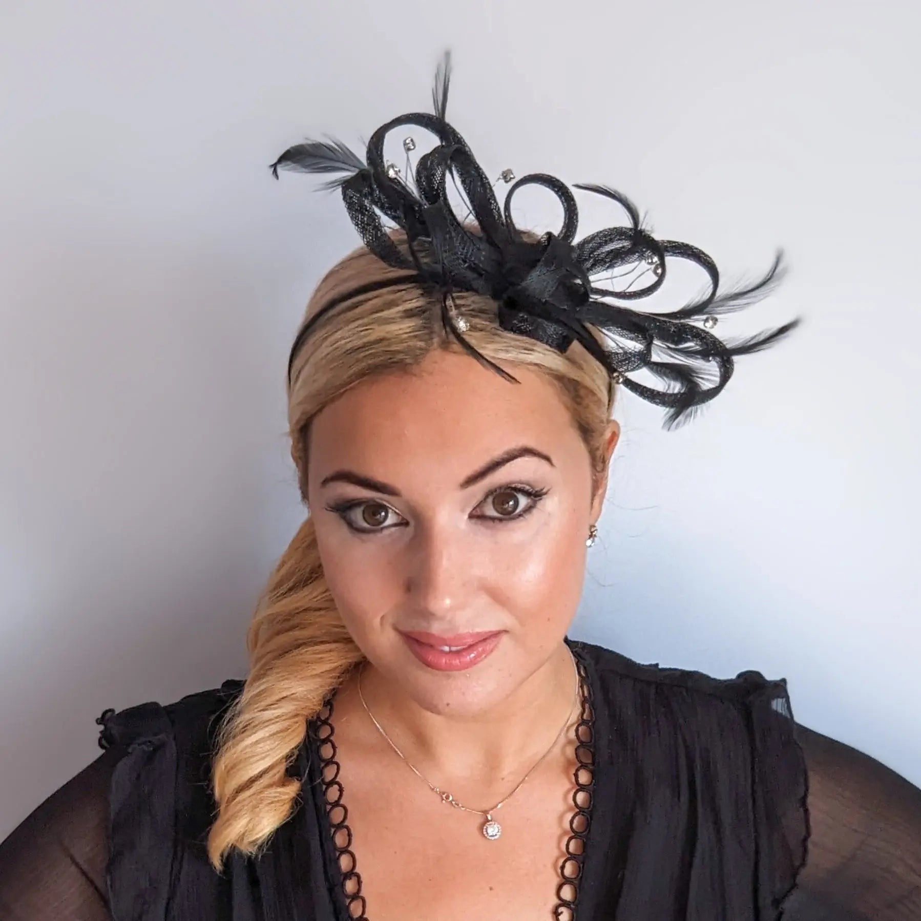 Black crystal feather fascinator hat - House of Hats