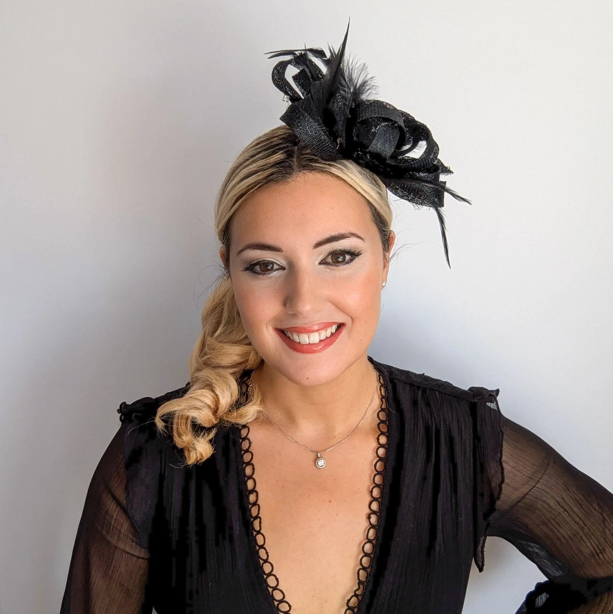 Black crystal feather fascinator hat - House of Hats