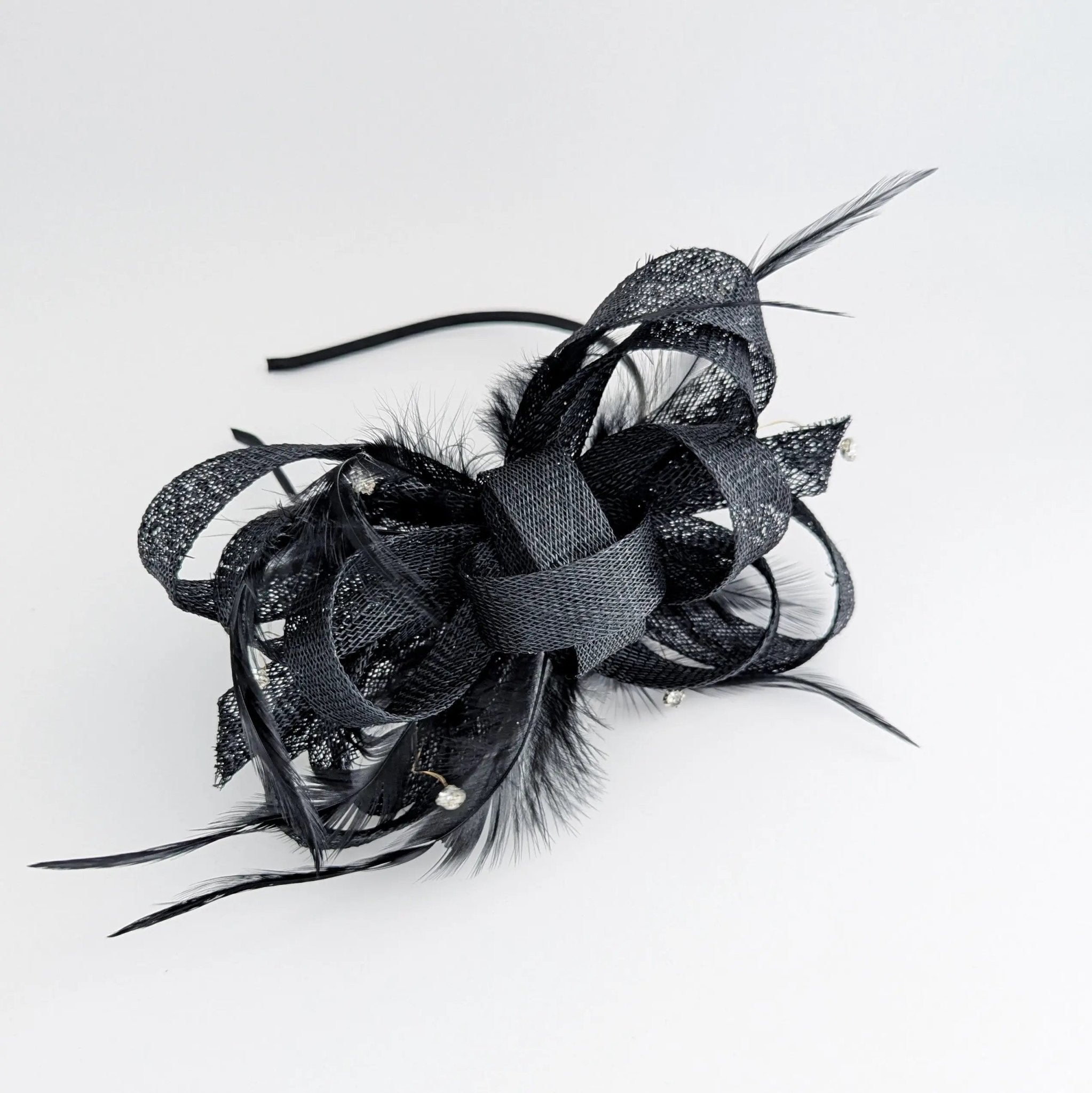 Black crystal feather fascinator hat - House of Hats