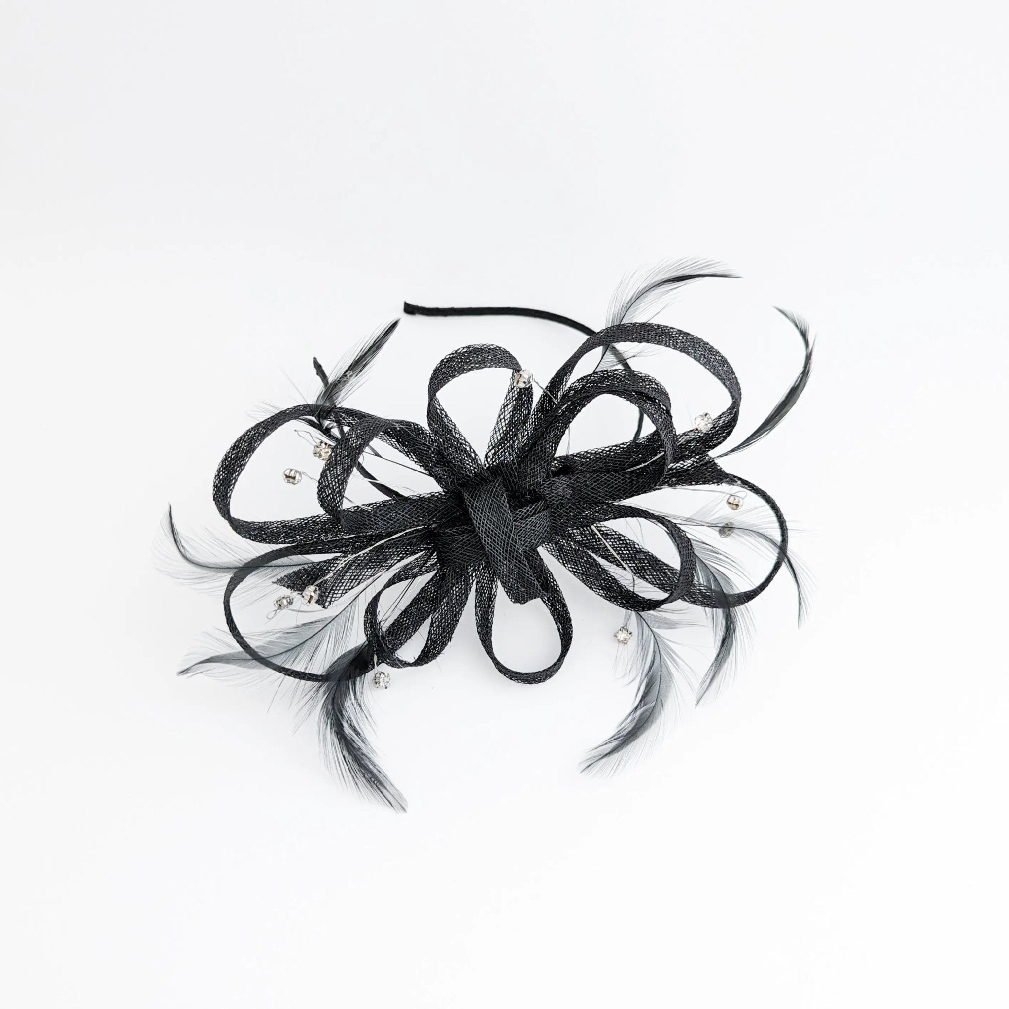 Black crystal feather fascinator hat - House of Hats