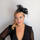 Black crystal feather fascinator hat - House of Hats