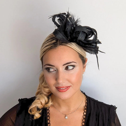 Black crystal feather fascinator hat - House of Hats