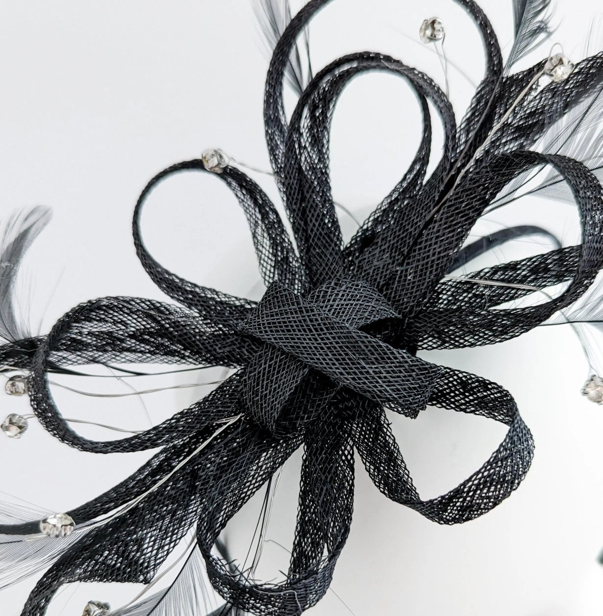 Black crystal feather fascinator hat - House of Hats