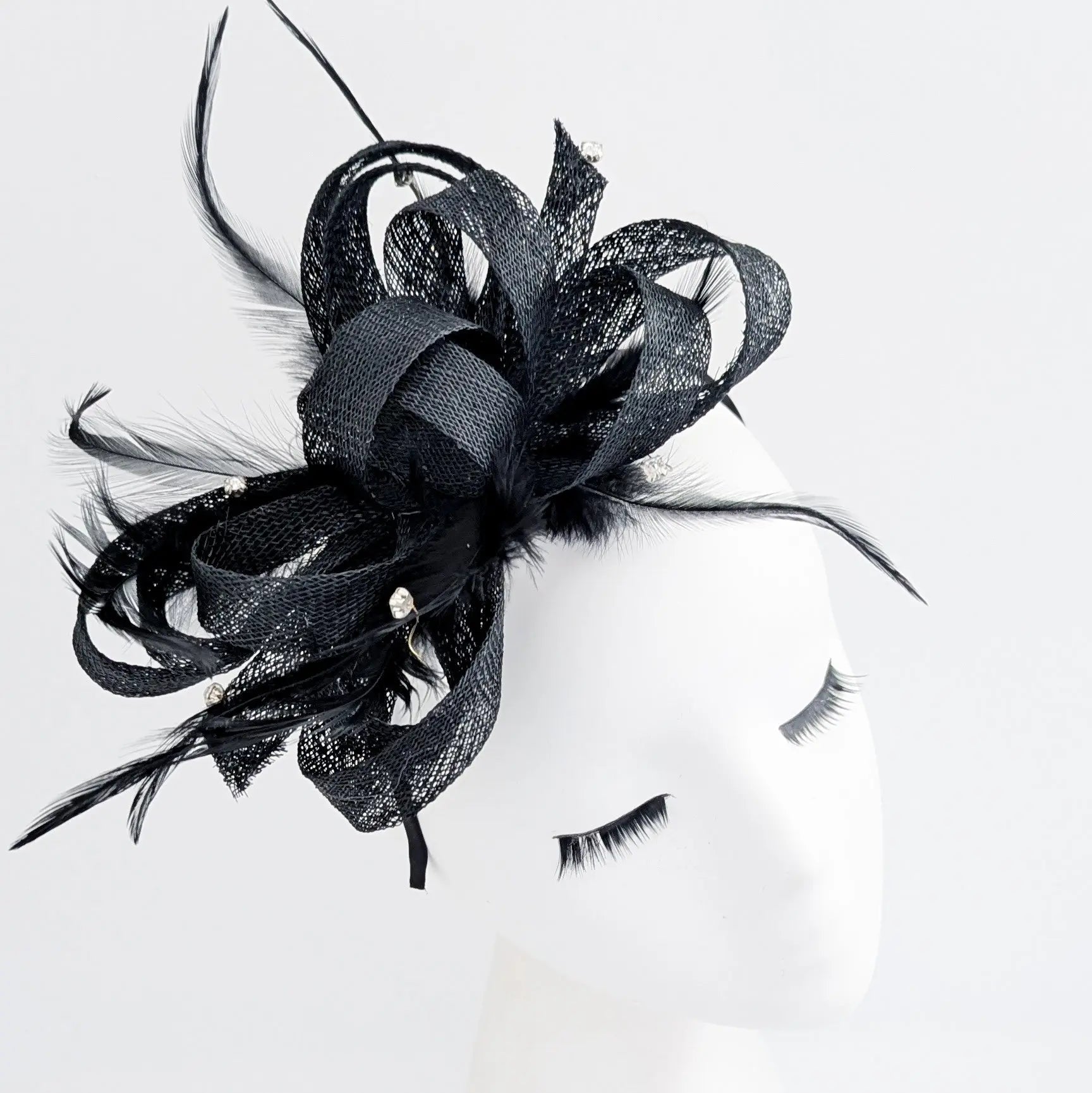 Black crystal feather fascinator hat - House of Hats