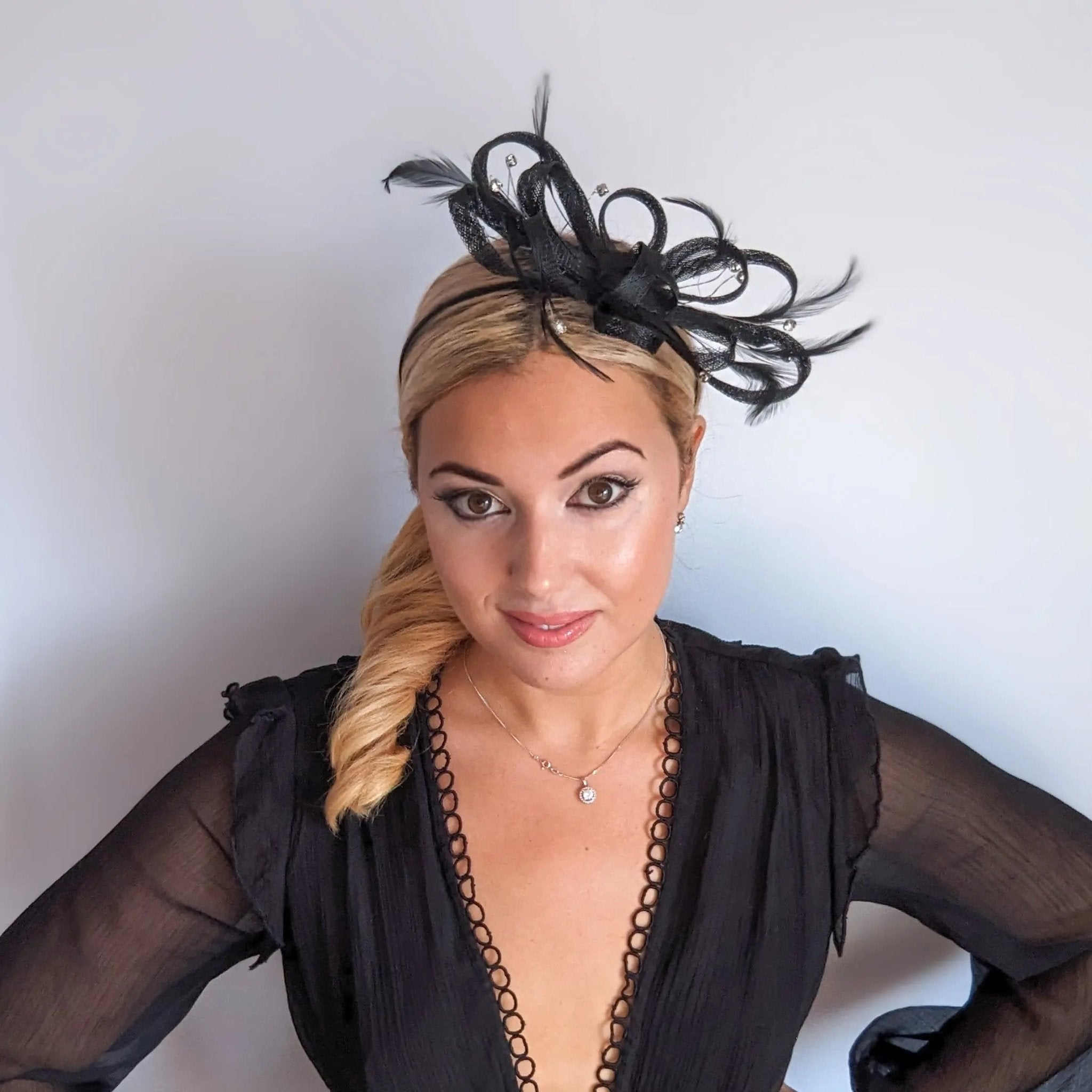 Black crystal feather fascinator hat - House of Hats