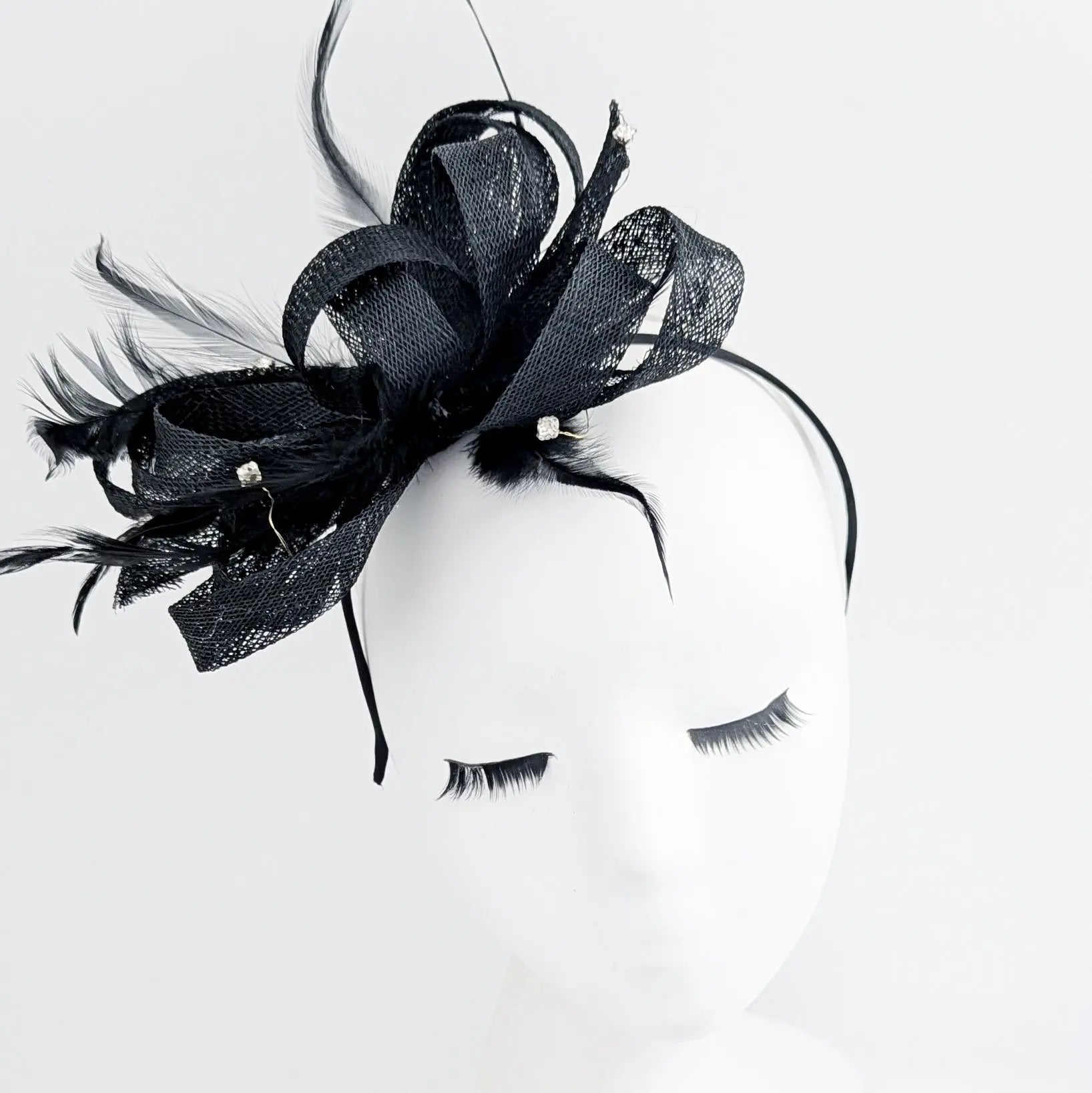Black crystal feather fascinator hat - House of Hats