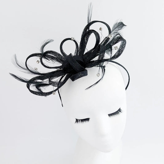 Black crystal feather fascinator hat - House of Hats