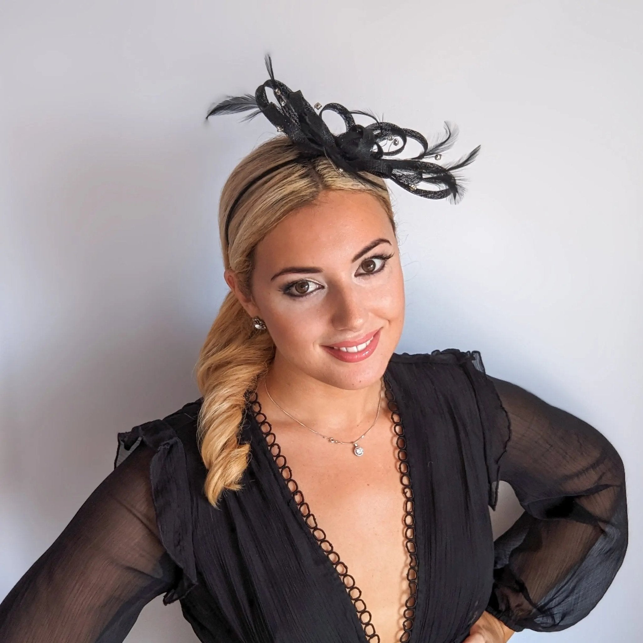Black crystal feather fascinator hat - House of Hats