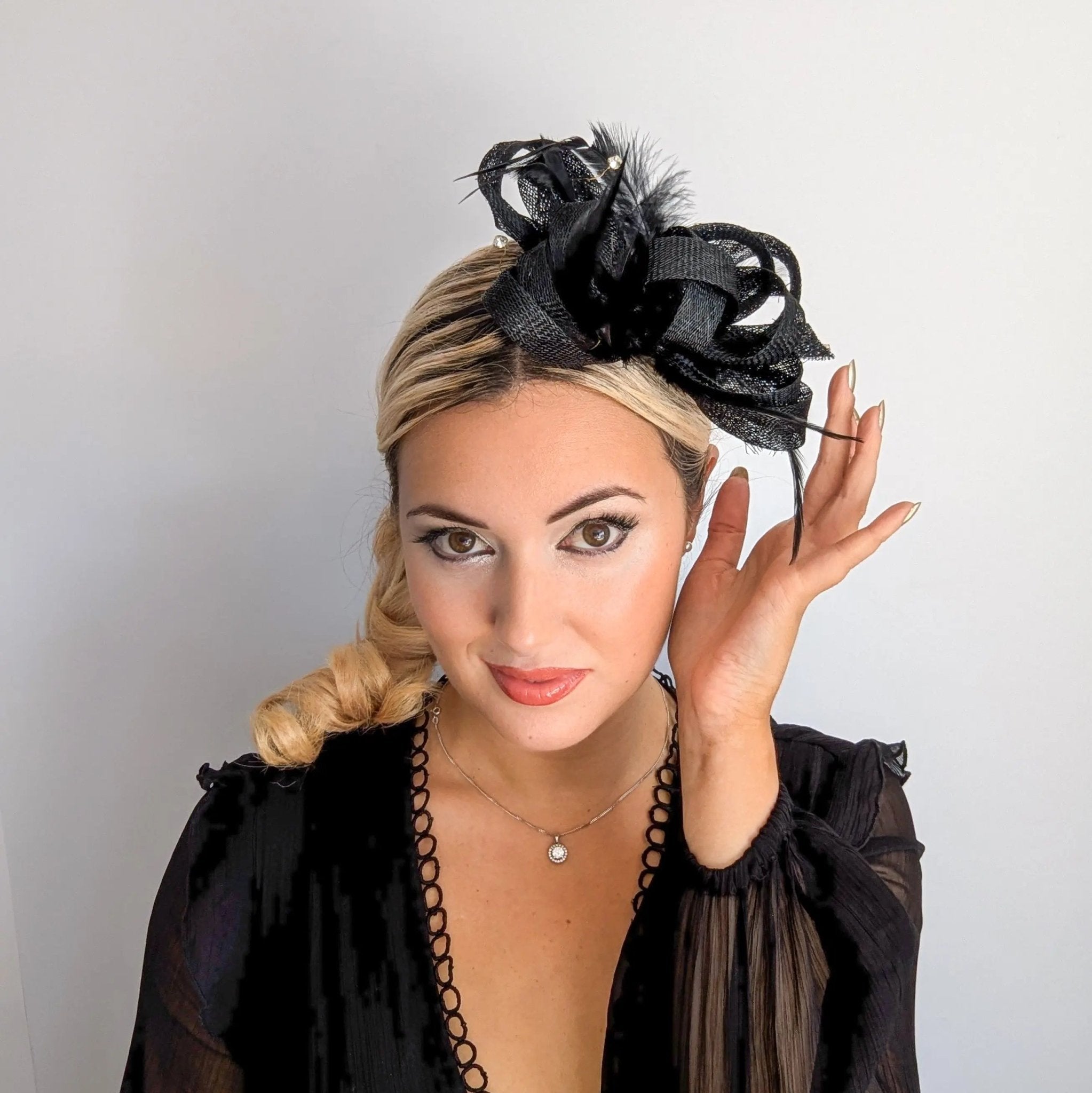 Black crystal feather fascinator hat - House of Hats
