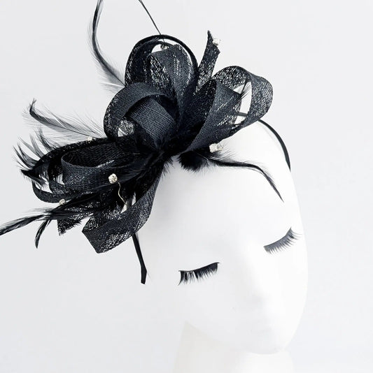 Black crystal feather fascinator hat - House of Hats