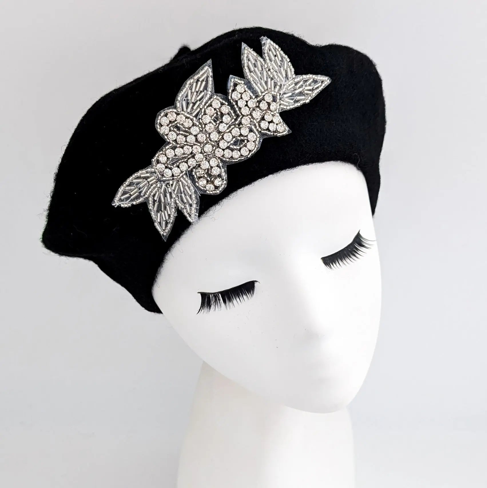 Black crystal wool felt french beret hat - House of Hats