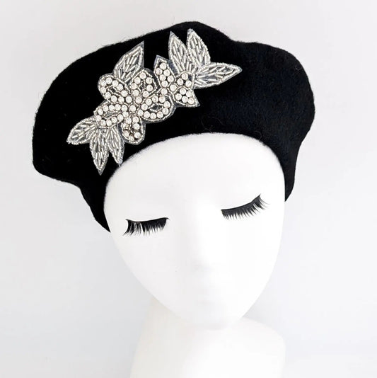 Black crystal wool felt french beret hat - House of Hats