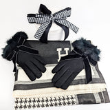 Black faux fur bow soft winter touch screen gloves - House of Hats