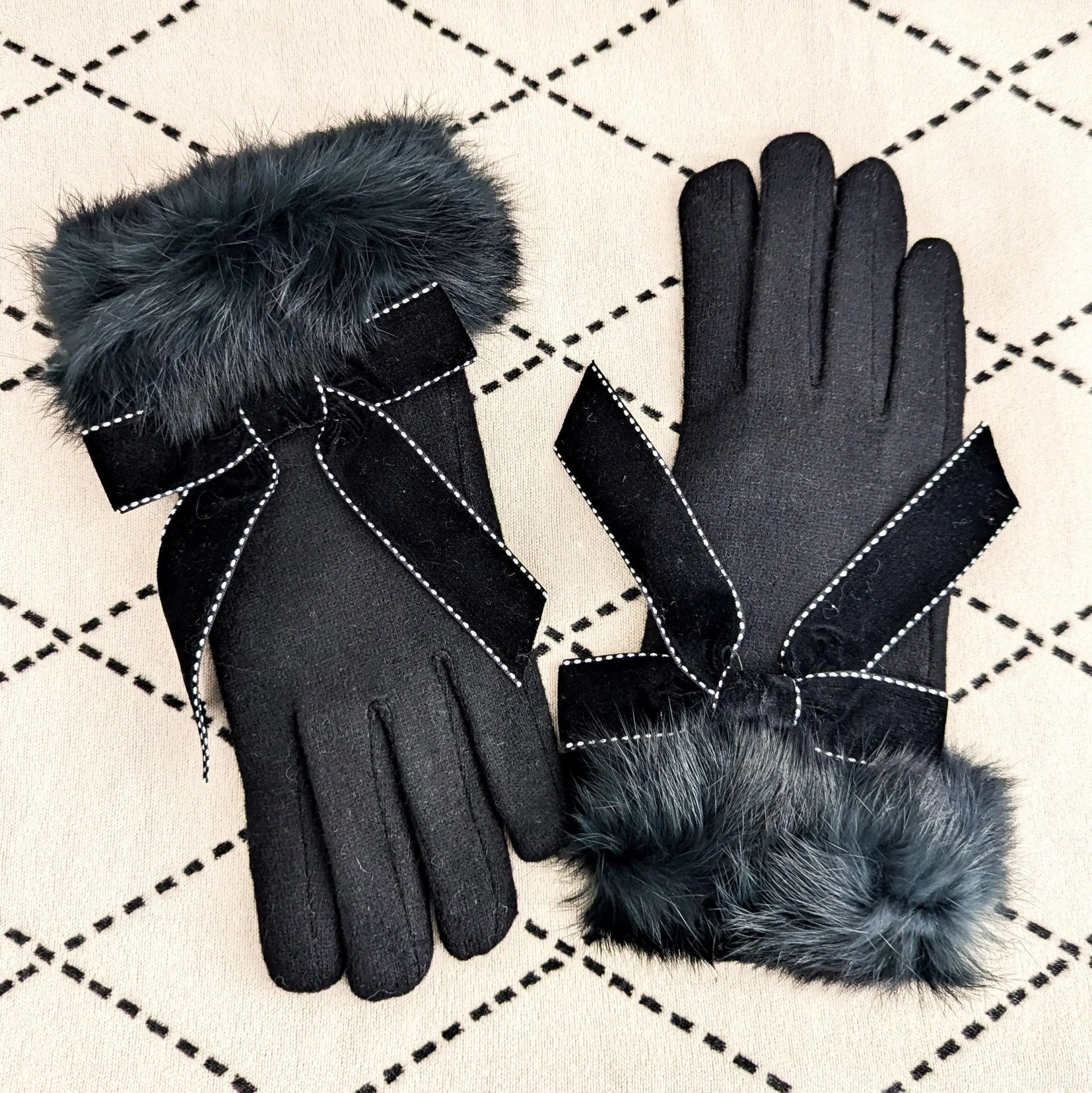 Black faux fur bow soft winter touch screen gloves - House of Hats