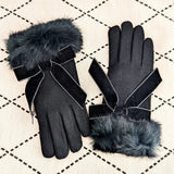 Black faux fur bow soft winter touch screen gloves - House of Hats