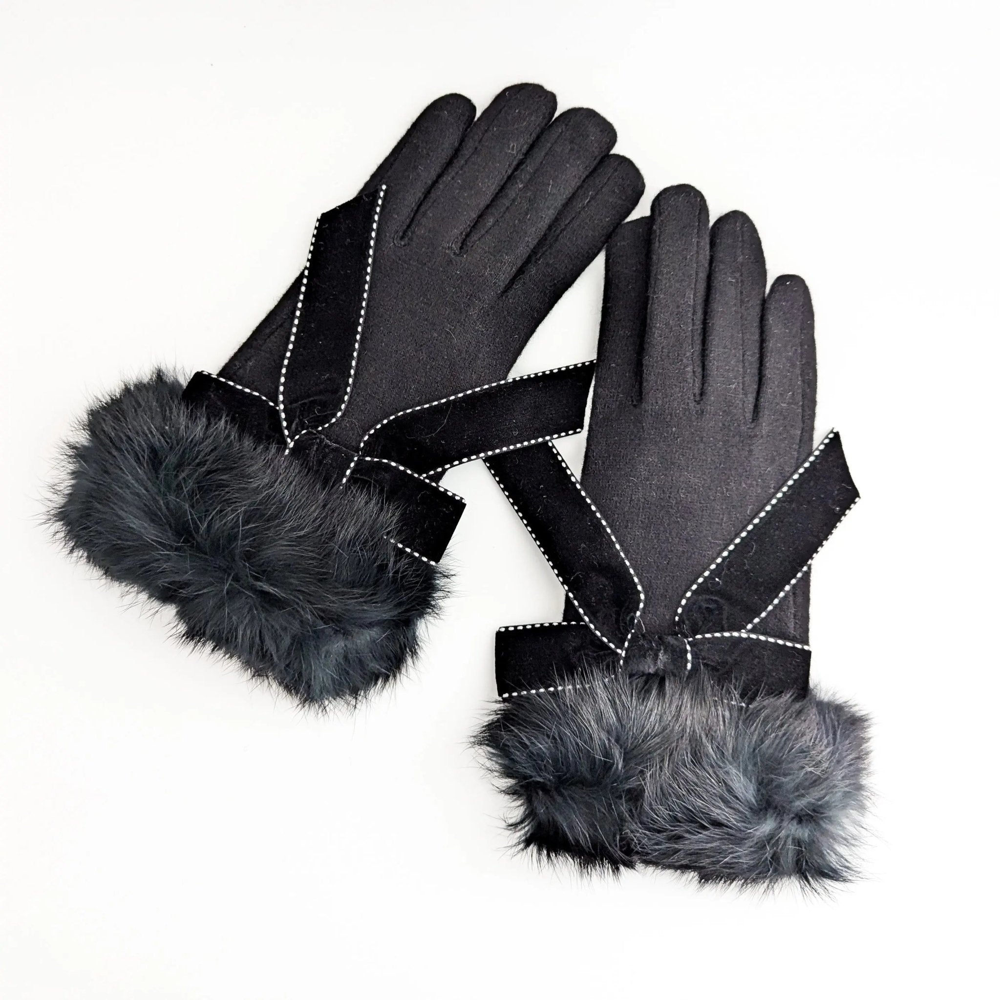 Black faux fur bow soft winter touch screen gloves - House of Hats