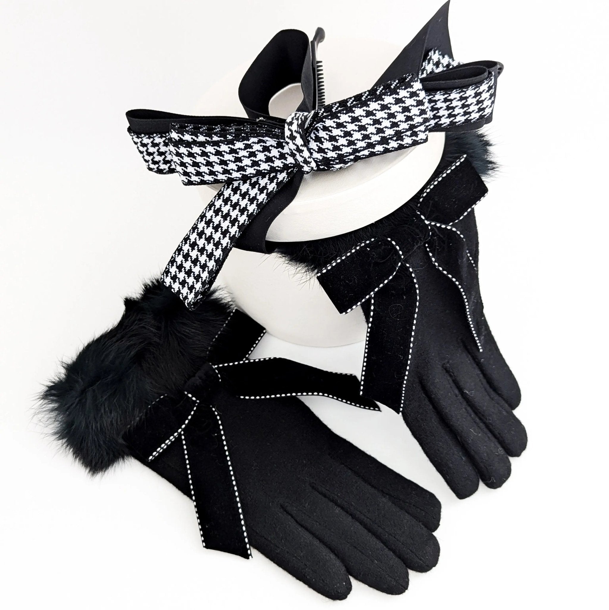 Black faux fur bow soft winter touch screen gloves - House of Hats