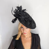 Black feather large saucer disc fascinator hat - House of Hats