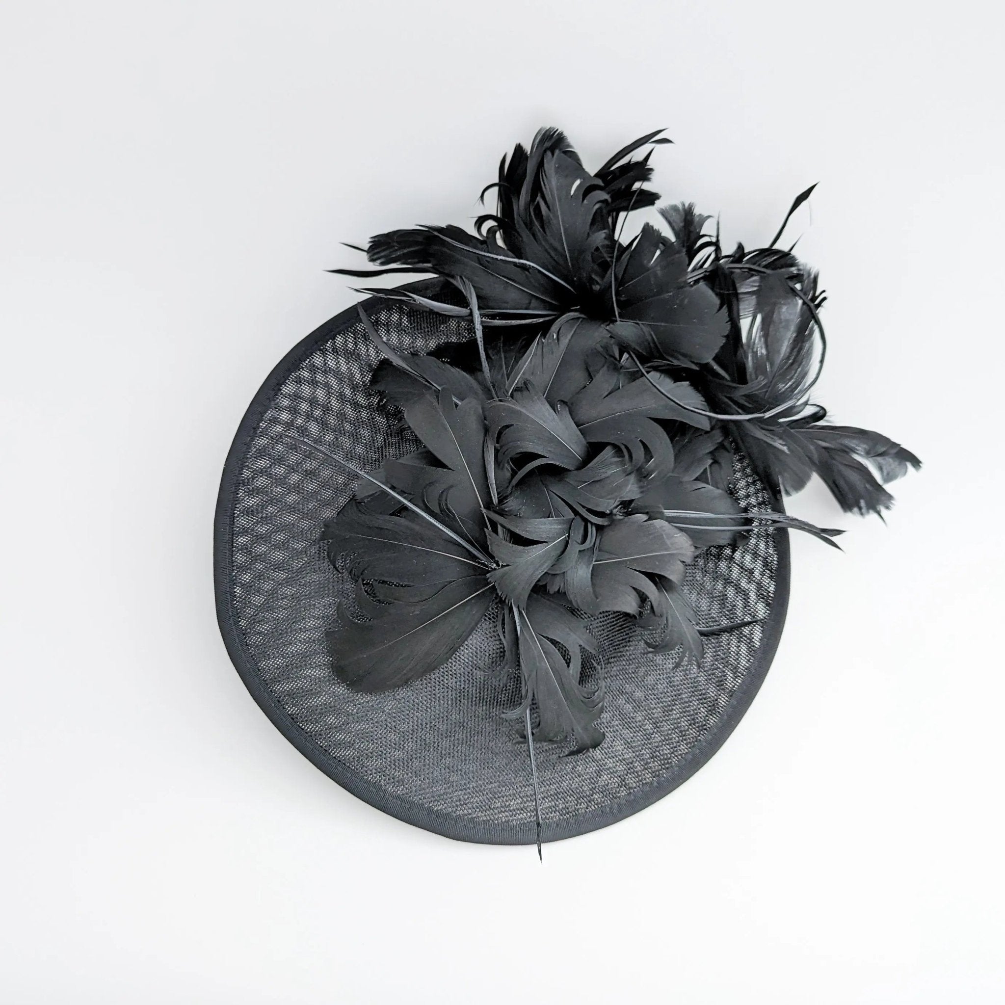 Black feather large saucer disc fascinator hat - House of Hats