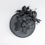Black feather large saucer disc fascinator hat - House of Hats