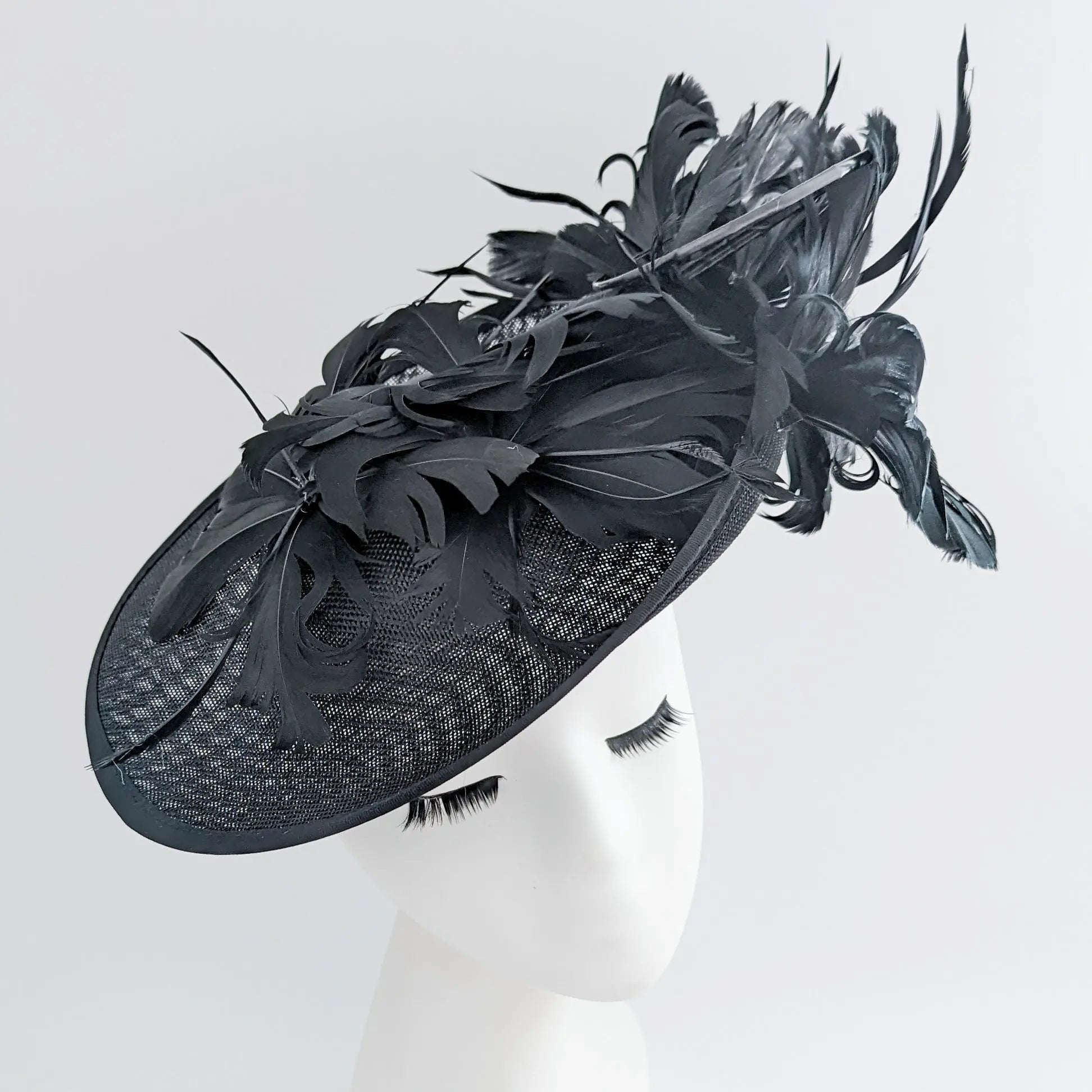 Black feather large saucer disc fascinator hat - House of Hats