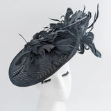 Black feather large saucer disc fascinator hat - House of Hats