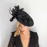 Black feather large saucer disc fascinator hat - House of Hats