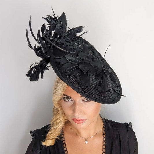 Black feather large saucer disc fascinator hat - House of Hats