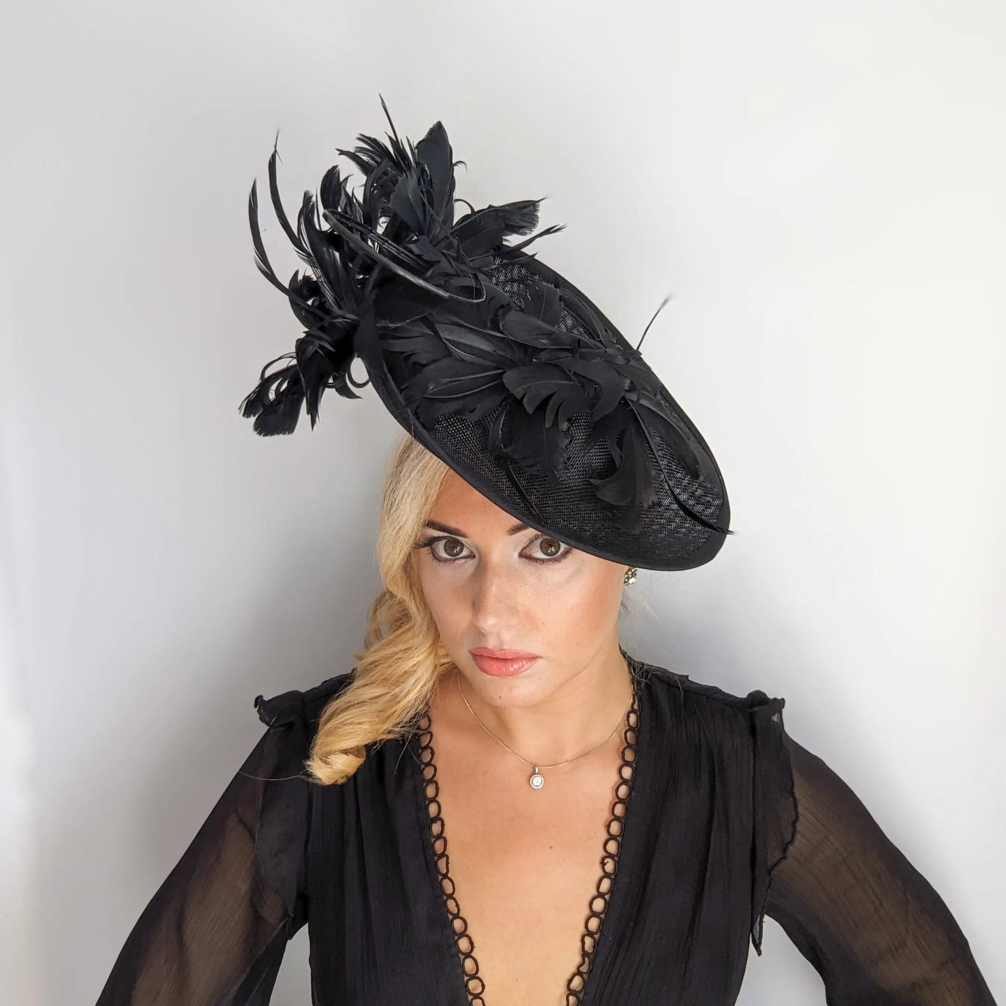 Black feather large saucer disc fascinator hat - House of Hats