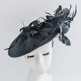 Black feather large saucer disc fascinator hat - House of Hats