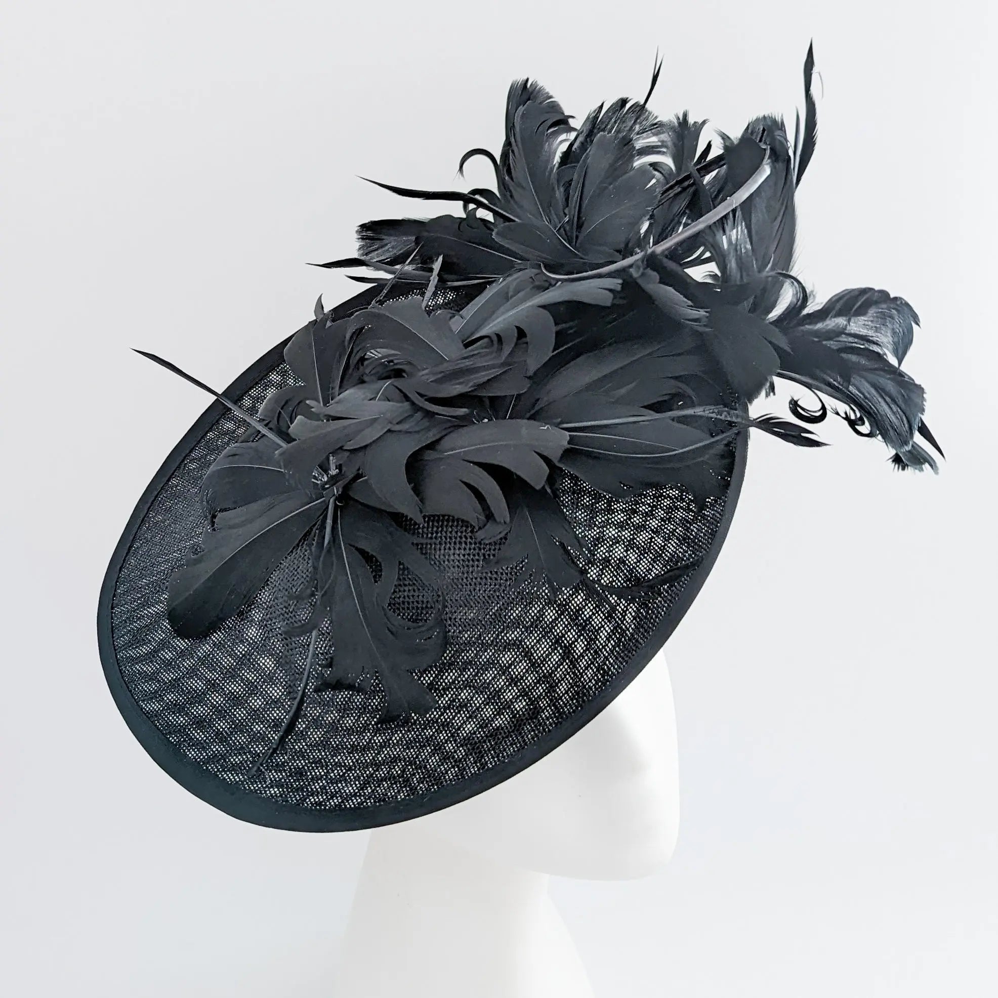 Black feather large saucer disc fascinator hat - House of Hats