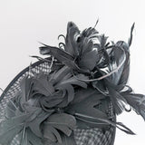 Black feather large saucer disc fascinator hat - House of Hats