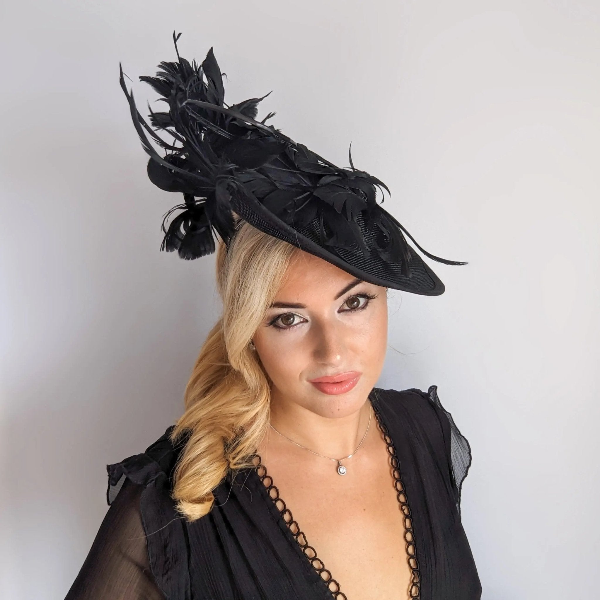 Black feather large saucer disc fascinator hat - House of Hats