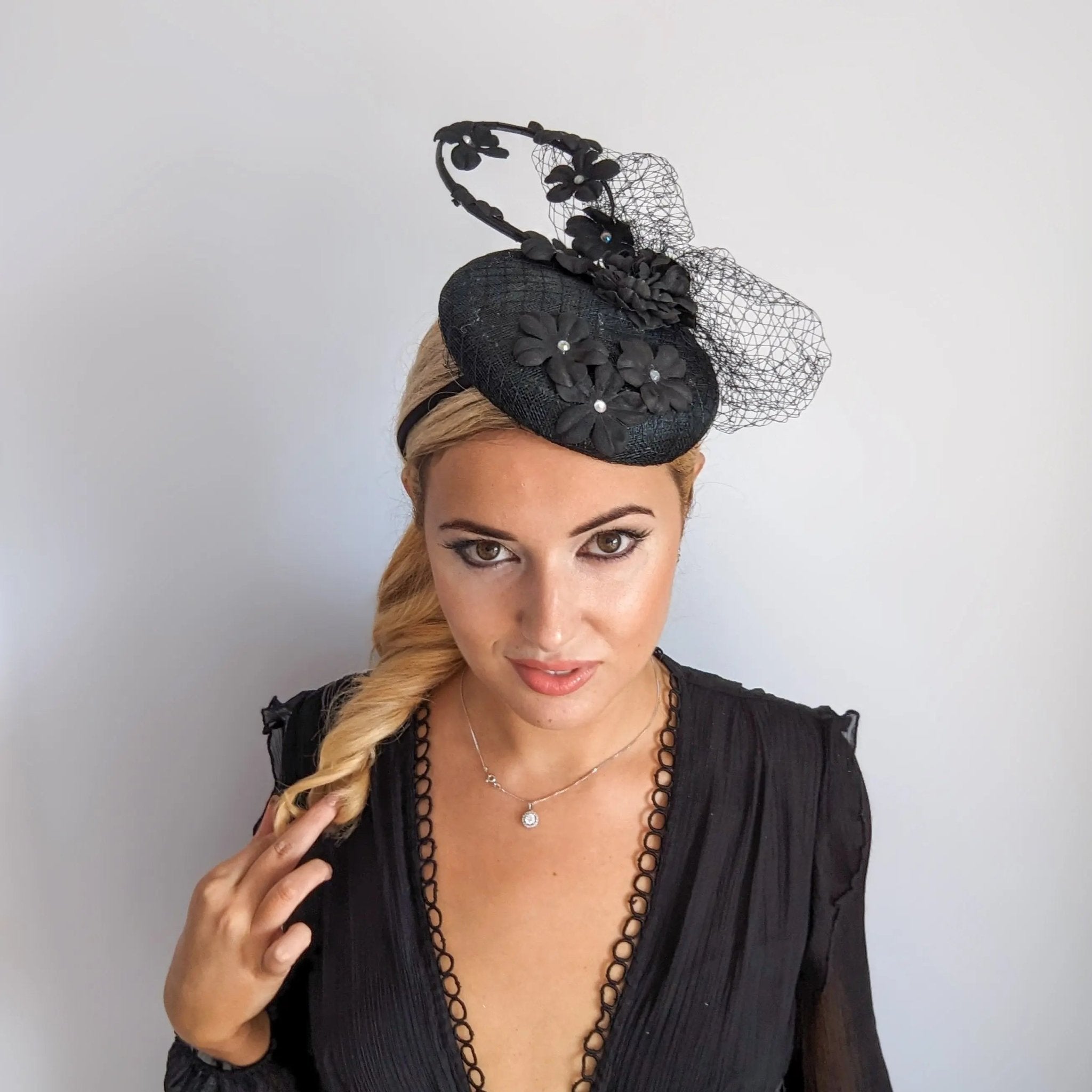Black flower fascinator hat - House of Hats