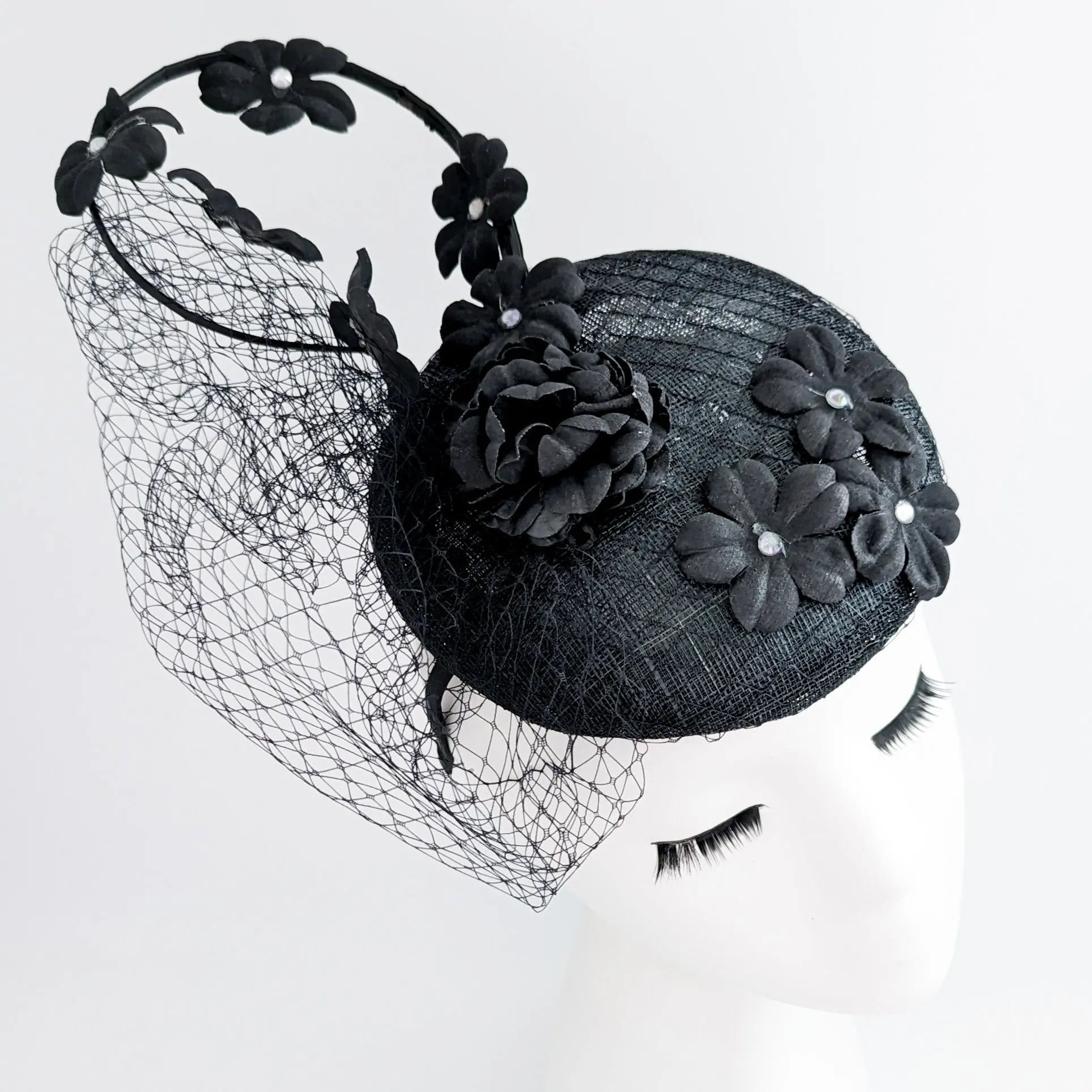 Black flower fascinator hat - House of Hats