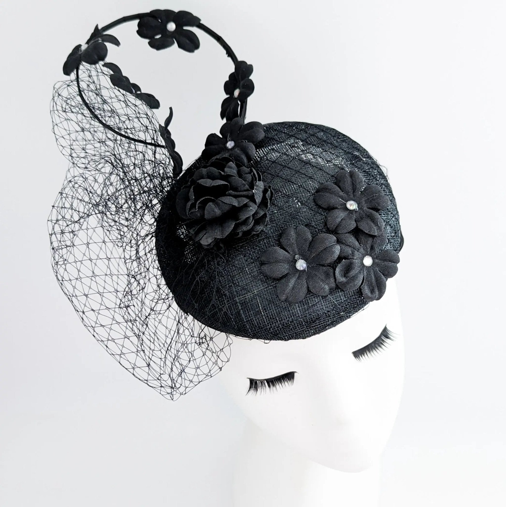 Black flower fascinator hat - House of Hats