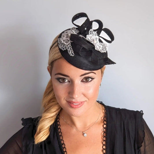 Black grey flower lace fascinator hat - House of Hats