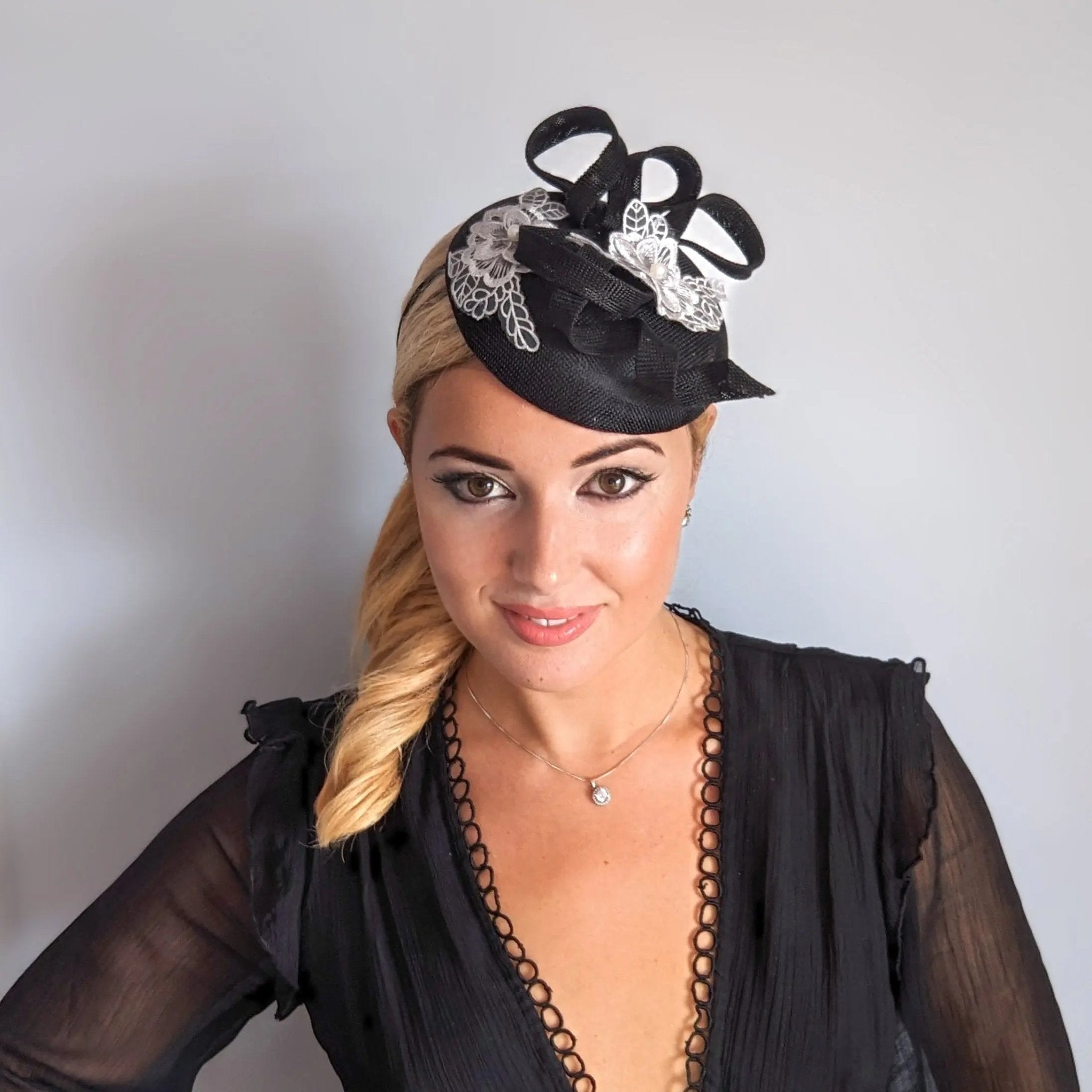 Black grey flower lace fascinator hat - House of Hats
