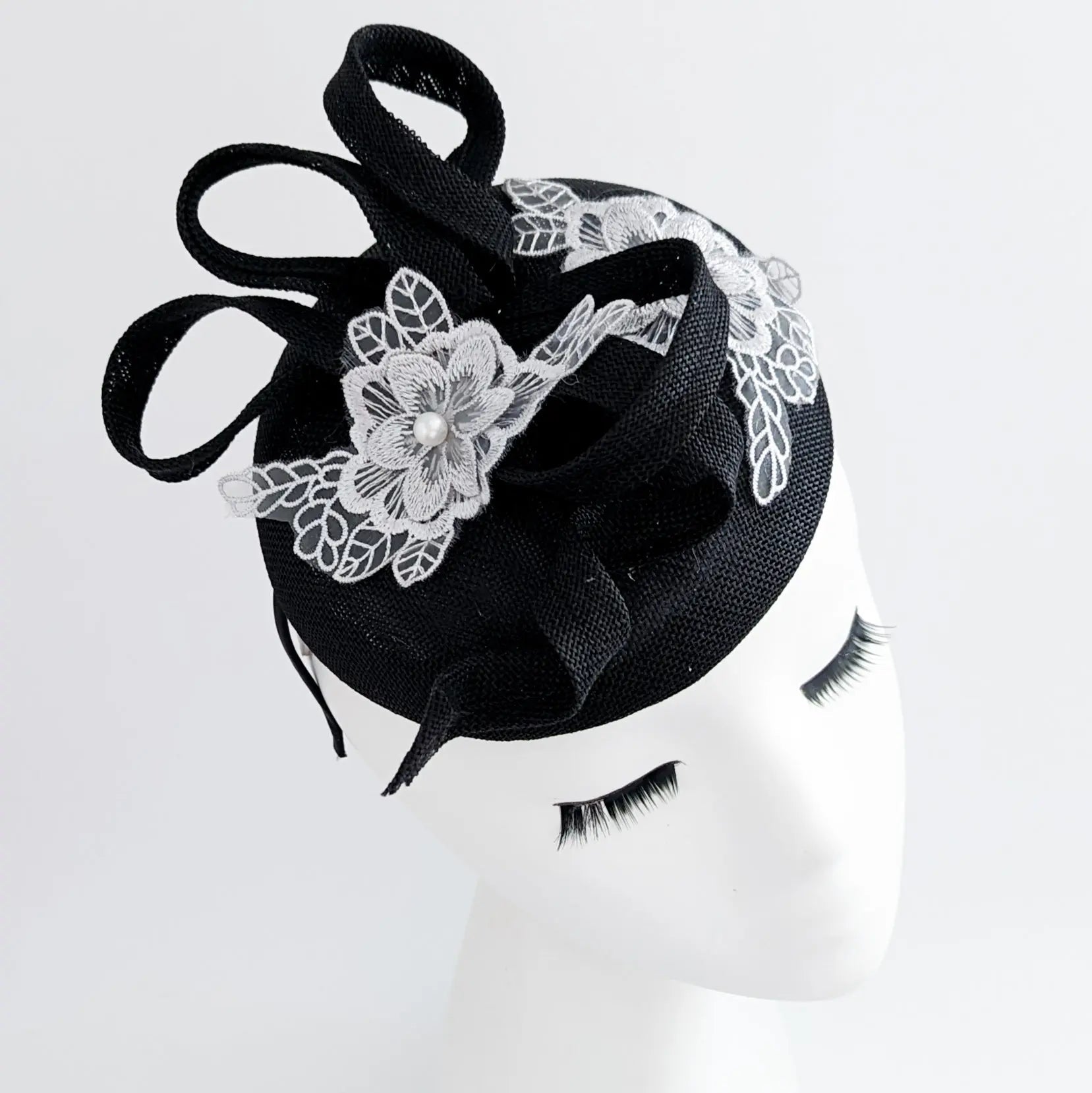 Black grey flower lace fascinator hat - House of Hats