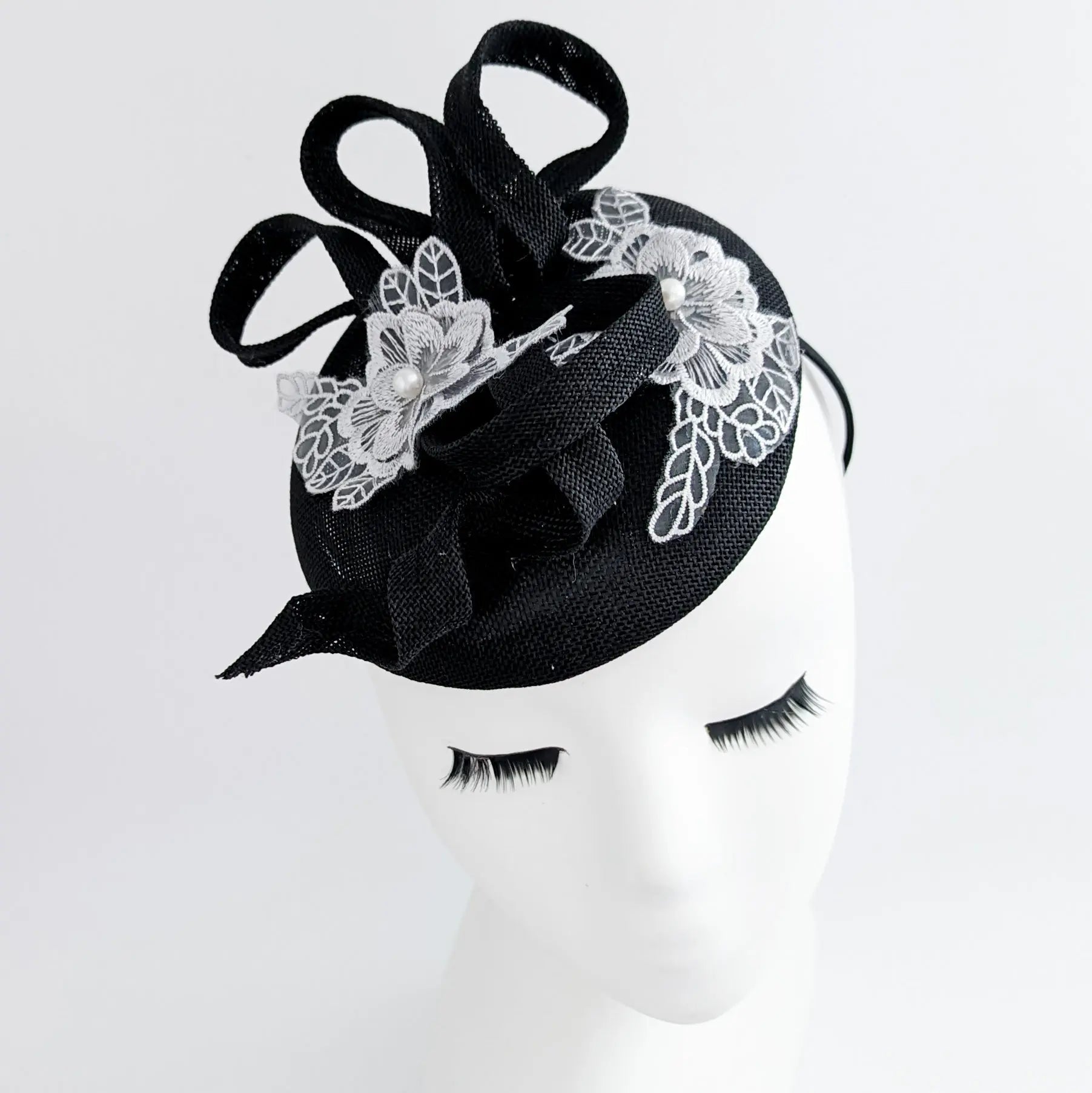 Black grey flower lace fascinator hat - House of Hats