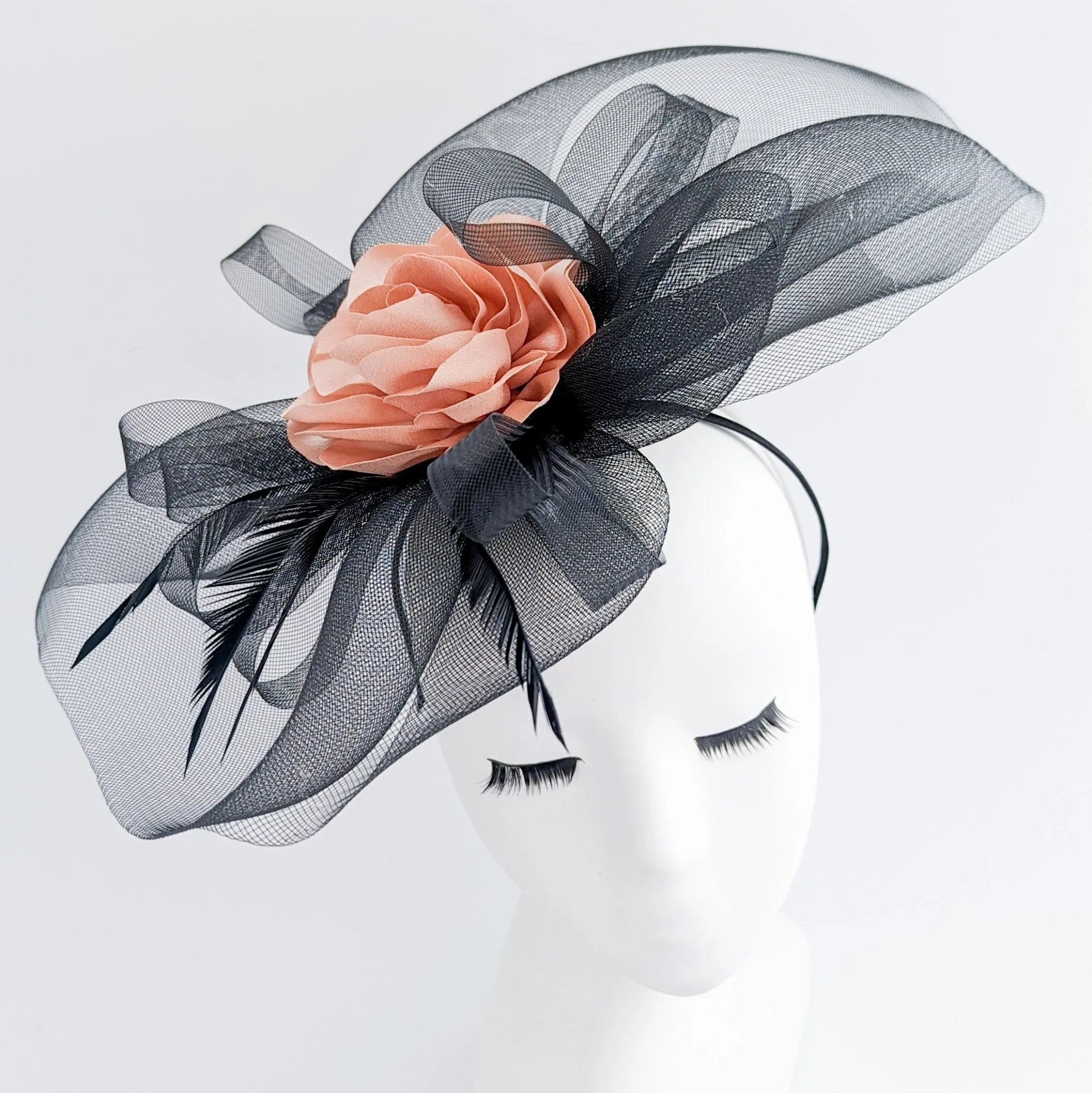 Black large flower feather crin fascinator hat - House of Hats