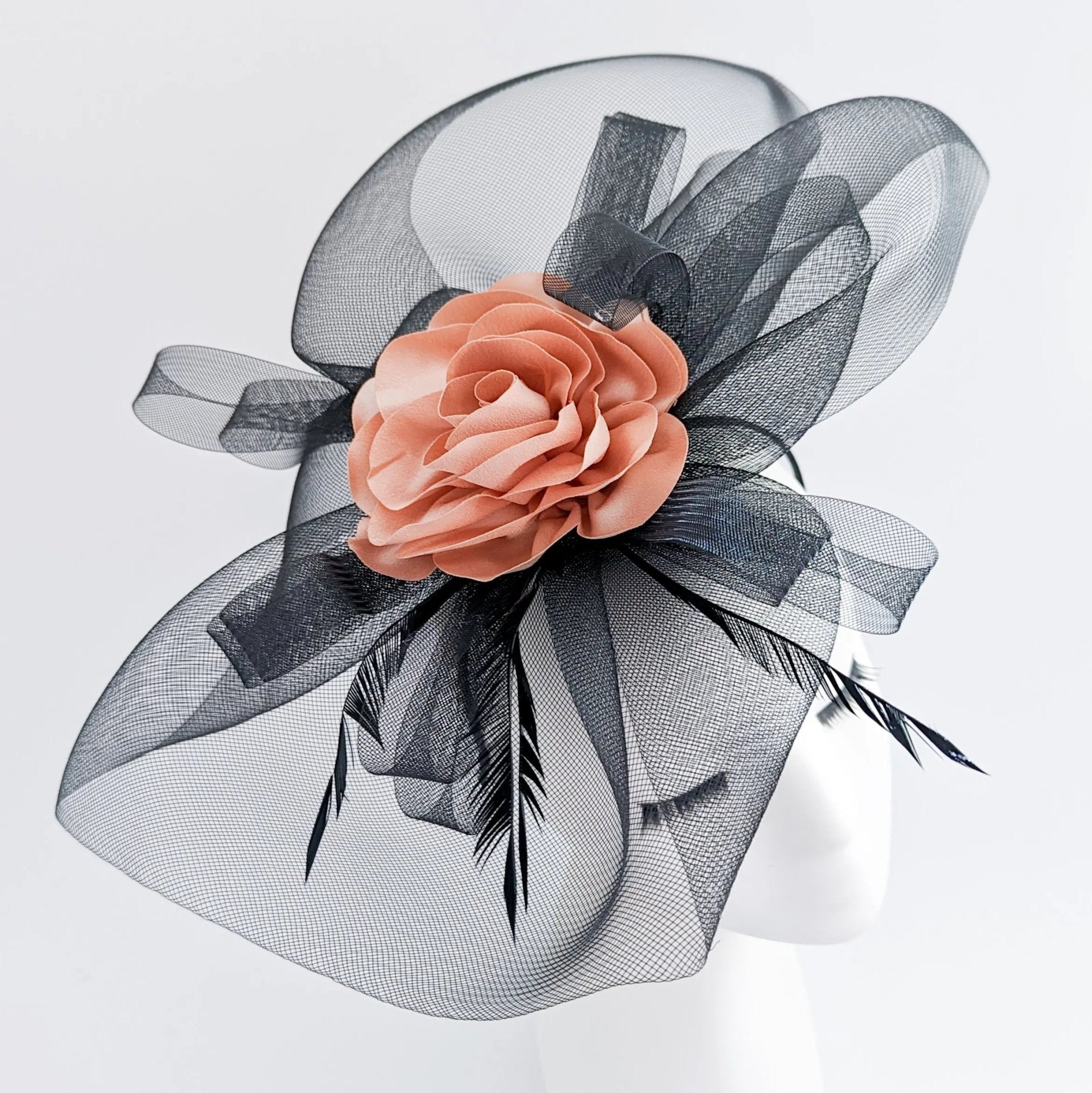 Black large flower feather crin fascinator hat - House of Hats