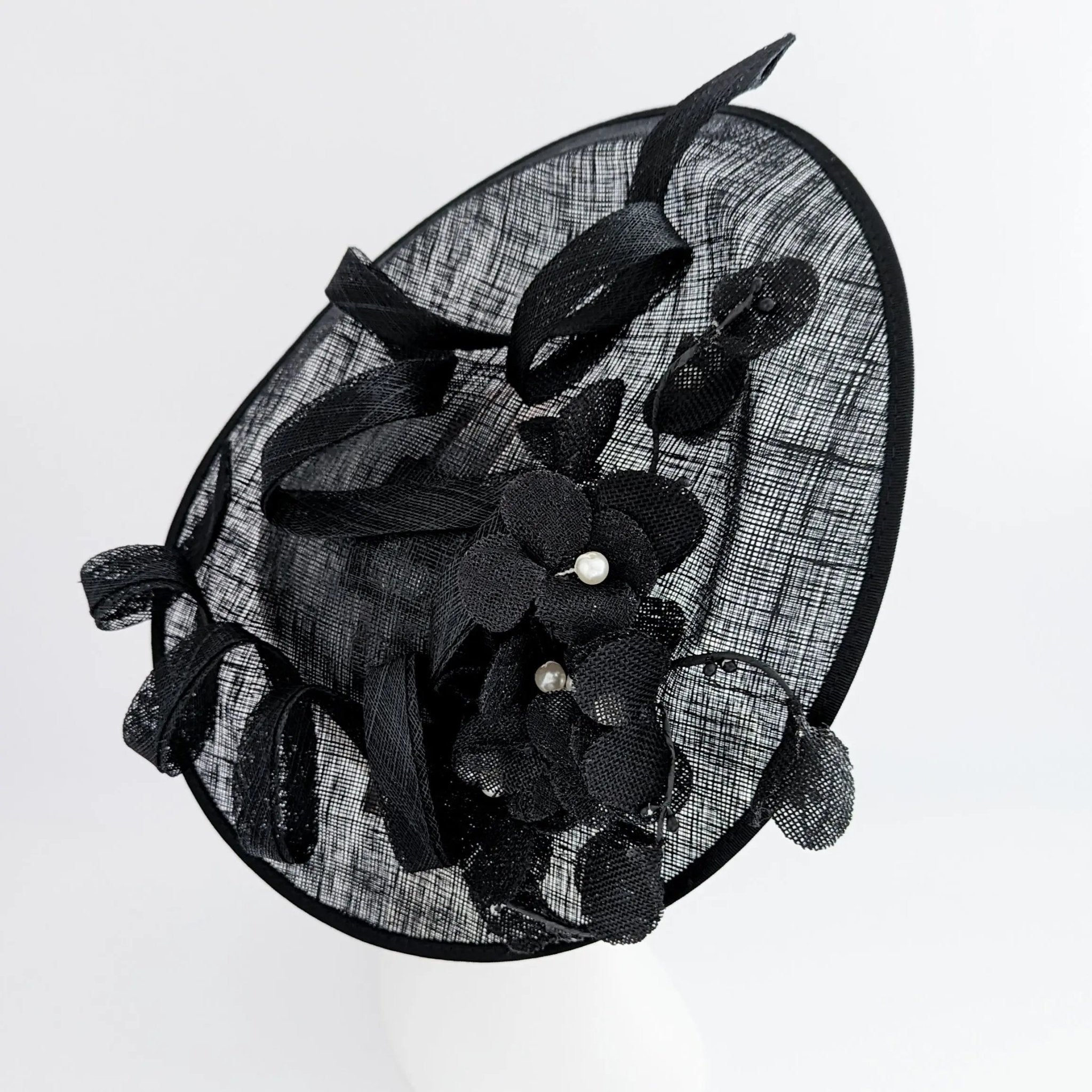 Black large lace flower saucer fascinator hat - House of Hats